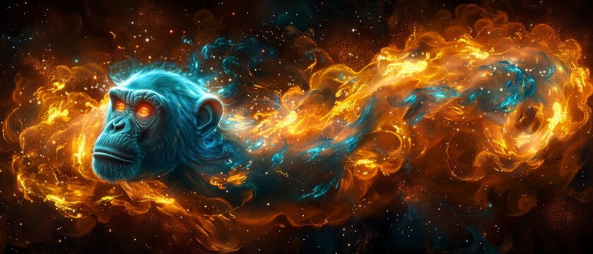  a picture of a monkey in the middle of a bunch of fire and blue and orange swirls on a black background.