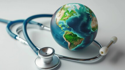 World Health Day poster with a glowing Earth globe and blue stethoscope wrapping it around. Photorealistic sphere isolated on white background. 3d render illustration. Eco friendly icon. AI Generative - obrazy, fototapety, plakaty