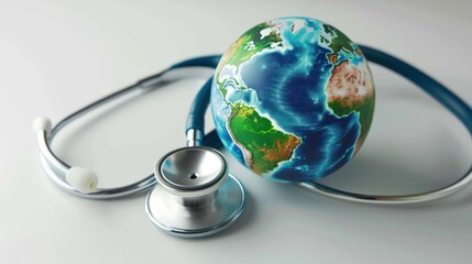 World Health Day poster with a glowing Earth globe and blue stethoscope wrapping it around. Photorealistic sphere isolated on white background. 3d render illustration. Eco friendly icon. AI Generative