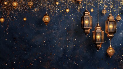 Naklejka premium Navy and Gold Islamic Inspired Design Background With Copy Space Area