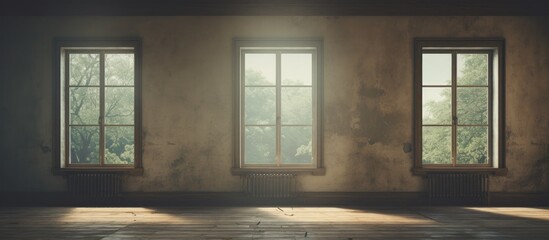 The image shows an empty room illuminated by twilight with three windows, each with a different view. The room is devoid of furniture or occupants, emphasizing the three windows as the central focus.