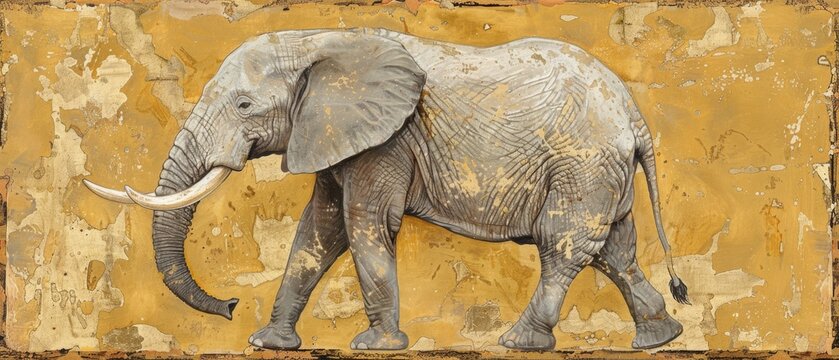  a painting of an elephant standing in front of a yellow wall with peeling paint and a white tusk on it's tusks.