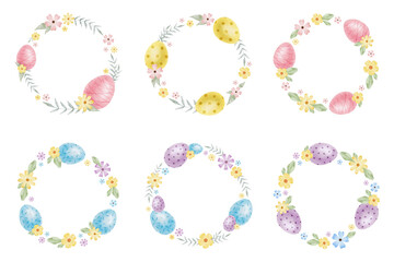 Set of Frame of cute colorful Easter eggs, flowers and leaves. Background with Easter Eggs with Pastel Colors. Isolated watercolor illustration. Template for Easter cards, covers, poster, invitation.