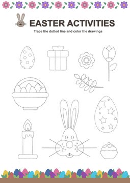 Easter activities worksheet for young children. Trace the dotted line and color the drawings. High quality printable 300 dpi JPG file.