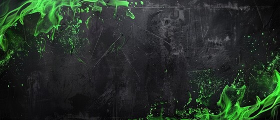 Ultrawide Rough Textured Black Background With Neon Green Watercolors Frame