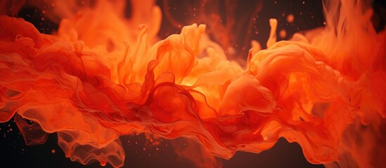 This close-up shot captures a vivid red and orange substance, resembling an explosive ink water...