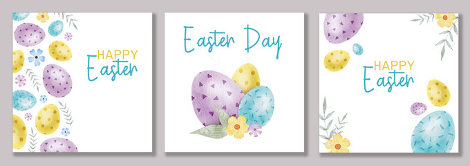 Fototapeta na wymiar Set of Happy Easter cards with blue, yellow, purple Easter eggs, flowers and leaves. Square Paschal templates. Watercolor illustrations. Template for Easter cards, label, posters and invitations.