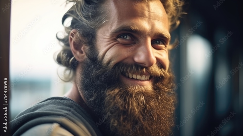 Aufkleber A man with long hair and a beard smiling. Suitable for various projects