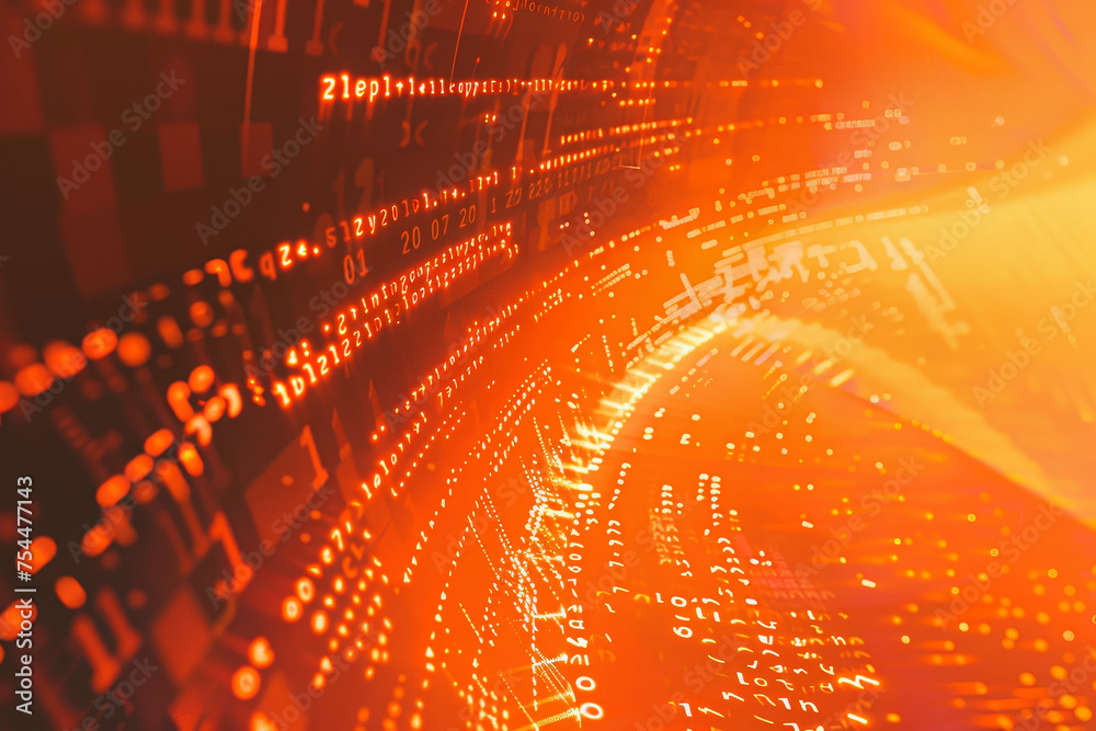 Poster a abstract background with a orange shade, a radial blur, a ascii code, and a retro font