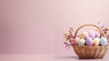 Easter concept. soft pink background with eggs in a basket and flowers
