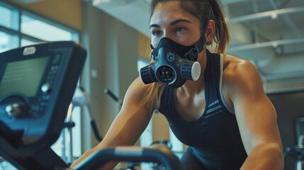Woman with hypoxic mask exercising on gym bike. - obrazy, fototapety, plakaty
