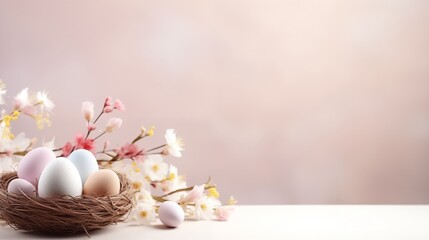 Fototapeta na wymiar Easter concept. soft pink background with eggs in a nest and flowers
