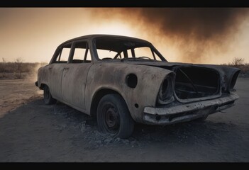 Obraz na płótnie Canvas A burnt-out car. Car old burned by fire. Fire burned car.