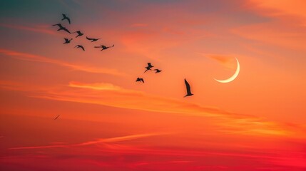 A flock of birds soars across a vibrant orange and pink sky at dawn, casting beautiful silhouettes against the backdrop of a crescent moon. The beauty of nature reflects the renewal
