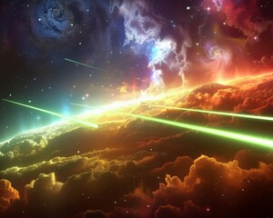Obraz premium Dramatic Cosmic Event with Intense Light Beams Breaking Through Celestial Clouds, Ideal for Sci-Fi and Fantasy Art