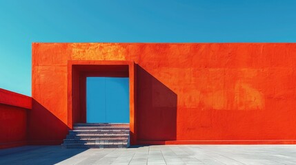 A minimalist architectural structure with a bold red facade and a blue sky backdrop creates a striking geometric gateway