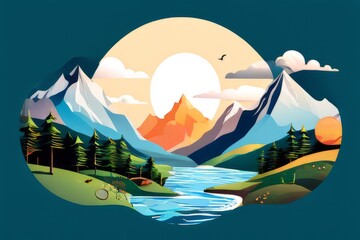 illustration for collage, with landscape of temperate forest, mountain, sunset and forest