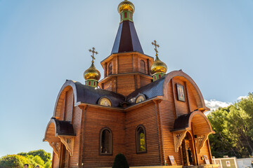 Beautiful Orthodox church made with natural wood, with golden domes, in Altea, Alicante (Spain). 