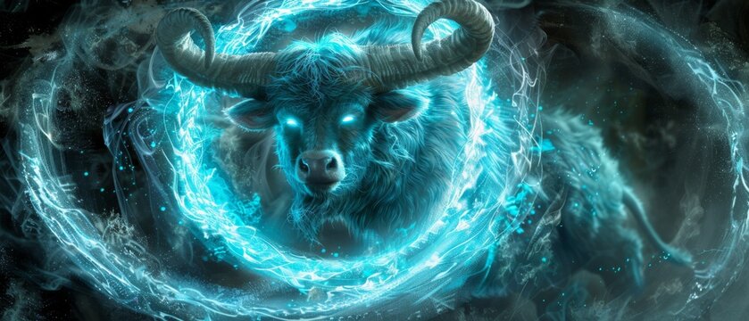  a painting of a bull with a blue ring around it's neck and two horns on it's head.