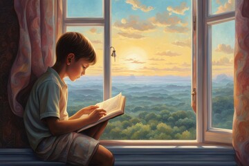 Menino lendo um livro ao lado de uma janela com uma linda paisagem.