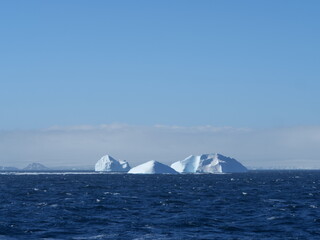 Im Sonnenlicht leuchtende Eisberge im Antarctic Sound in der Nähe des Wedellmeers in der Antarktis