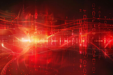 A abstract background with a red color, a light wave, a Morse code, and a sound wave