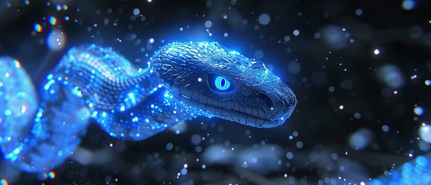  a close up of a blue snake's head on a black background with snow flecks and bubbles.