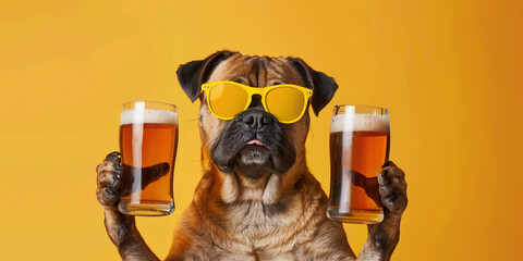 Bar oktoberfest poster concept. Funny pug French bulldog dog puppy in sunglasses holding light alcohol beer with foam in paw on isolated on yellow studio background