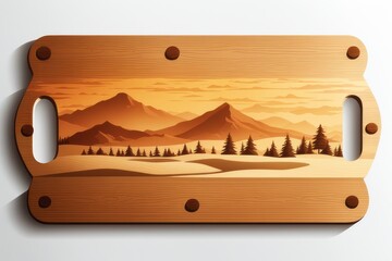 Tábua de frios ou carne, de madeira, com ilustrção entalhada de montanhas e árvores. Gerado com IA