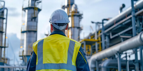 Rear view of male engineer wearing safety vest and safety helmet standing in front of oil refinery plant. AI.