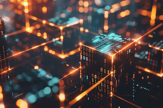 Futuristic technology background with glowing cubes. 3D Rendering. AI.