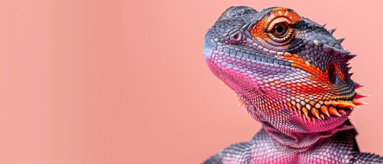  a close - up of a colorful lizard's head on a pink background with a pink wall in the background. - obrazy, fototapety, plakaty