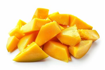 mango chunks isolated on white, sliced mango on white, Tropical sliced mango close-up, isolated on white, summer, spring, fresh, yellow, ripped mango - obrazy, fototapety, plakaty