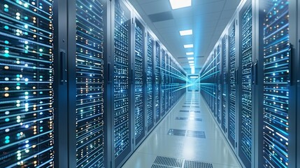 Massive High-Performance Data Center Server Room with Rows of Powerful Computing Hardware Stacked in Modern Cabinets and Racks, Emitting Cool Blue Lighting for Efficient Operation