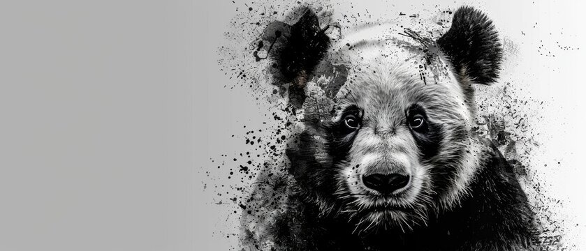  a black and white photo of a bear's face with black and white paint splattered on it.