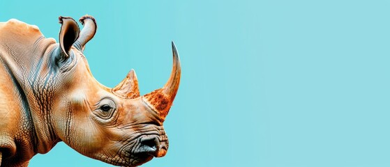  a close up of a rhino's head on a blue background with a sky in the backround.