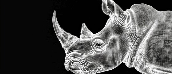  a black and white photo of a rhino's head with a pattern of lines on it's face.
