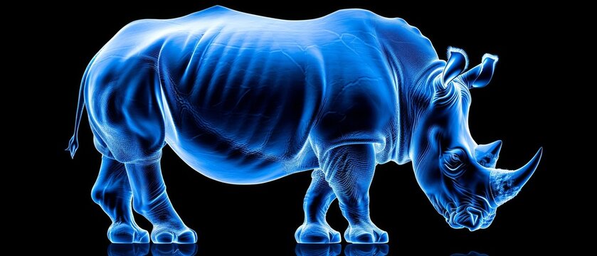  a 3d image of a rhinoceros in blue on a black background with a reflection of the rhinoceros.