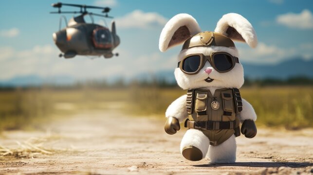An animated rabbit in flight gear walks away from a helicopter taking off against the summer sky - Imagination and Flight.