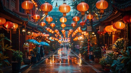 City alleyway adorned with lanterns and umbrellas on a rainy day