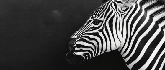  a close up of a zebra's head in black and white with a wall in the background behind it.