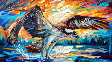 Obraz na płótnie Canvas Horizontal oil painting of an Osprey. Generative AI