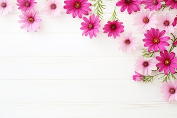 Vibrant pink cosmos flowers arranged on a white wooden surface, creating a fresh springtime backdrop