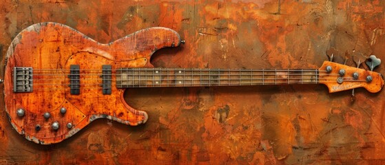  a rusted electric bass guitar hanging on a rusted metal wall with rivets and rivet holes.