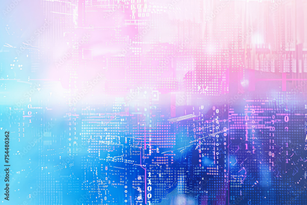 Poster a abstract background with a blue gradient, a white grid, a binary code, and a circuit board