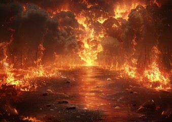 Apocalyptic vision of a fiery landscape with a molten river, a stark reminder of nature's fury and the power of volcanic eruptions