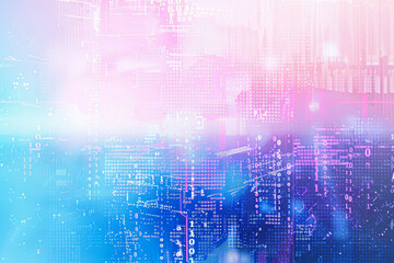 Fototapeta premium A abstract background with a blue gradient, a white grid, a binary code, and a circuit board