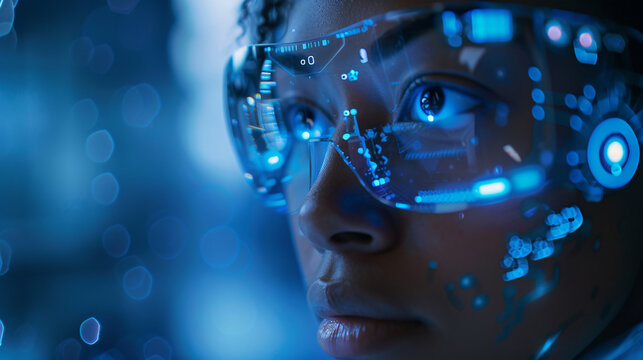 Close-up of a person wearing advanced augmented reality glasses, showcasing futuristic technology and visual data integration.
