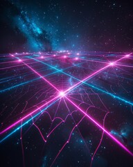 Vivid neon lines converging in a digital landscape under a cosmic sky, invoking a sense of advanced technology and infinite possibilities