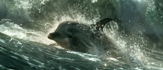 a dolphin swimming in a body of water with a lot of water splashing on it's back and it's head sticking out of the water.